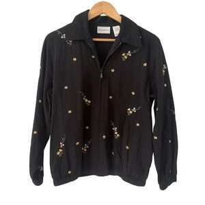Alfred Dunner Zip Up Jacket Womens 8 Black Excellent Embroidered Bee Floral